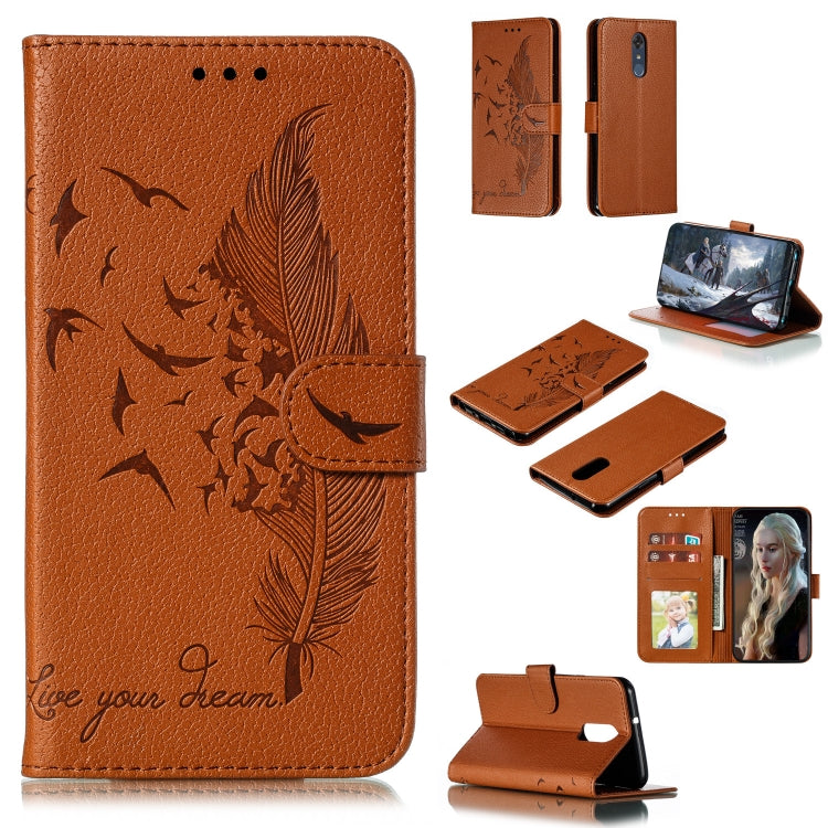 Brown feather-embossed flip leather wallet case with card slots and phone holder
