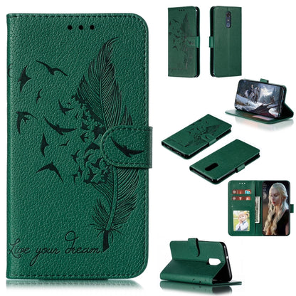 Green feather-embossed flip leather wallet case with card slots and phone holder