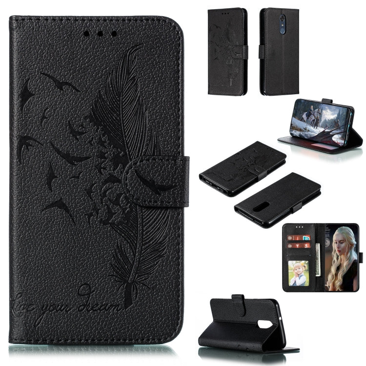 Black feather-embossed flip leather wallet case with card slots and phone holder