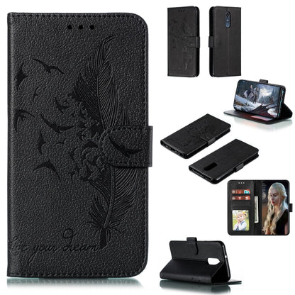 Black feather-embossed flip leather wallet case with card slots and phone holder