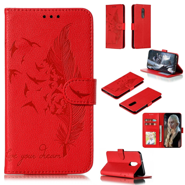 Red feather-pattern flip leather phone wallet case with card slots and magnetic closure