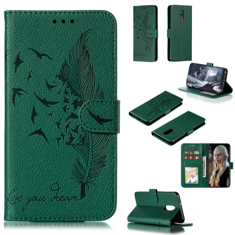 Green feather-pattern flip leather phone wallet case with card slots and stand cover