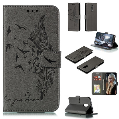 Gray feather-pattern flip leather phone wallet case with card slots and stand cover
