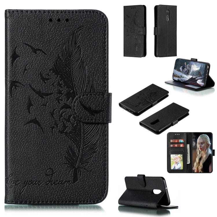 Black feather-pattern flip leather phone wallet case with card slots and stand cover