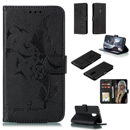 Black feather-pattern flip leather phone wallet case with card slots and stand cover