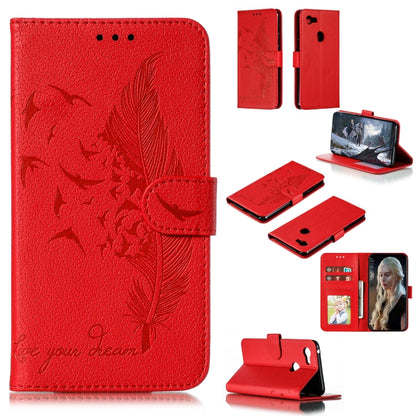 Red faux-leather flip phone case with feather emboss and card slots, wallet holder style.