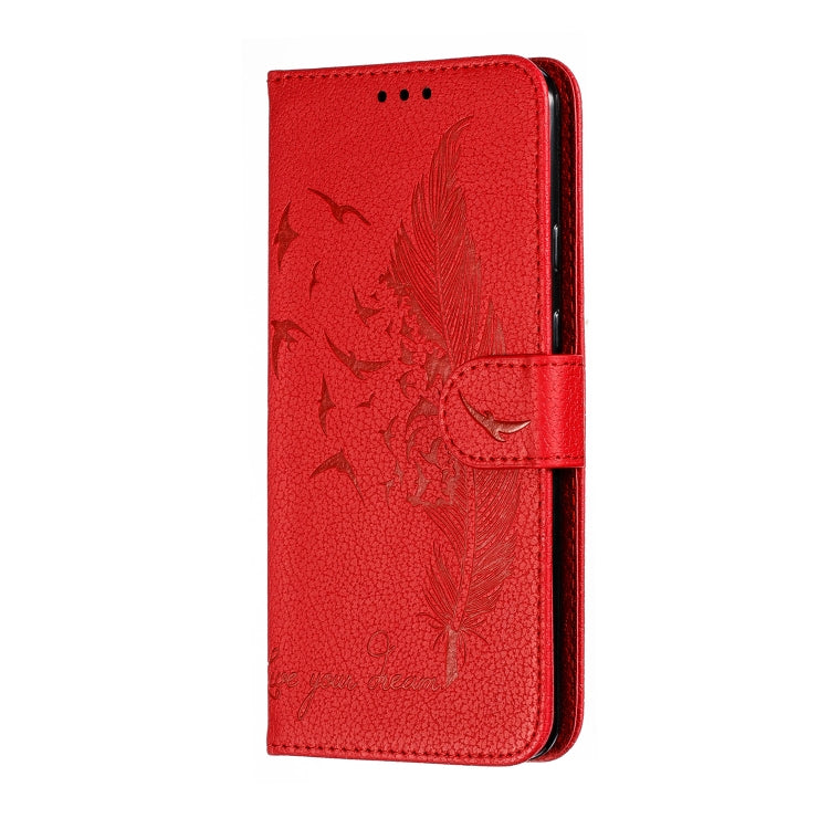 Red faux-leather vertical flip phone case with feather emboss and side view cutouts.