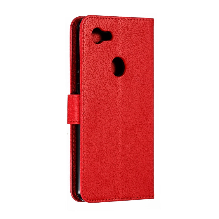 Red faux-leather flip phone case with camera and speaker cutouts, litchi texture.