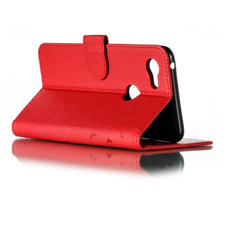Red faux-leather flip phone case standing position with camera cutout window.