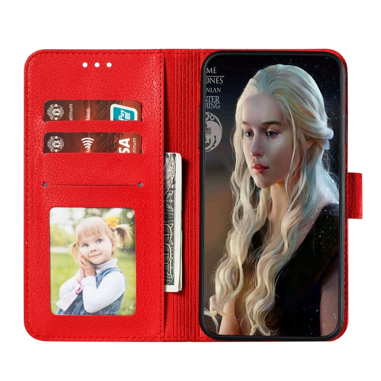 Red wallet flip phone case interior with card slots and photo window.