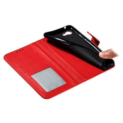 Red faux-leather phone case wallet side with card slot and fold-over cover.