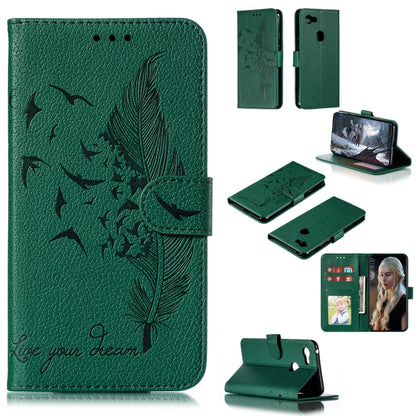 Green feather pattern flip phone wallet case with card slots