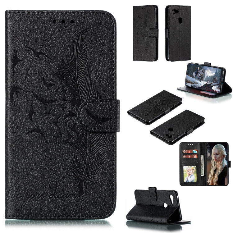 Black feather pattern flip phone wallet case with card slots