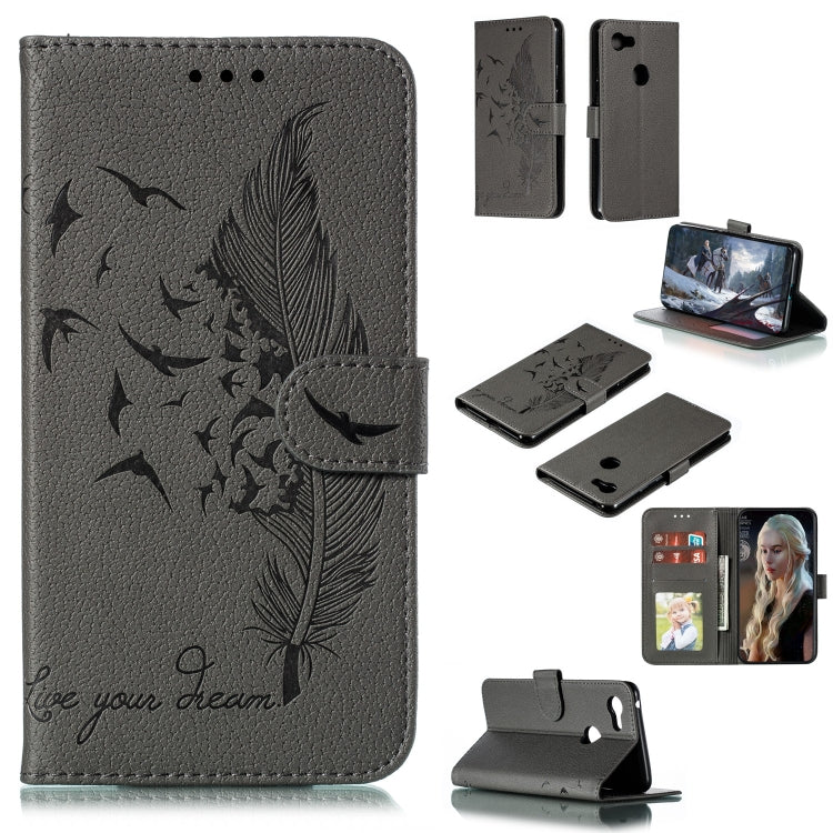Gray feather pattern flip phone wallet case with card slots