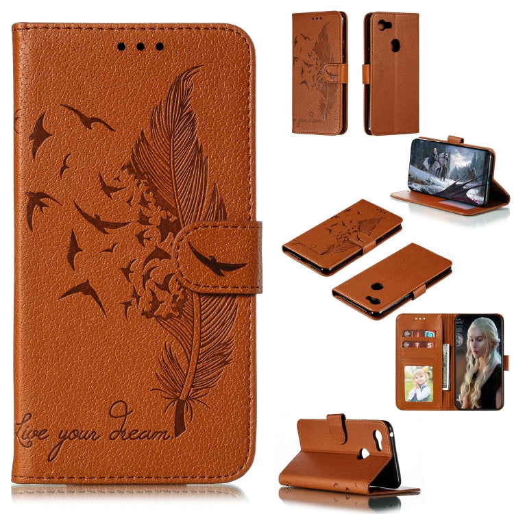 Brown feather pattern flip phone wallet case with card slots
