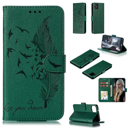Green feather pattern flip phone wallet case with card slots