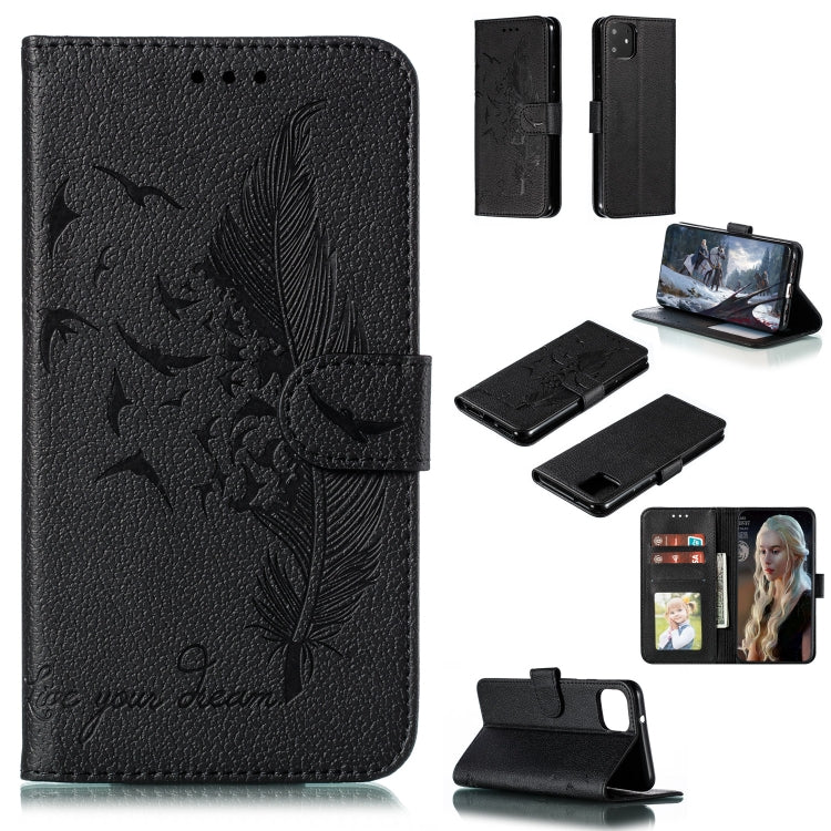 Black feather pattern flip phone wallet case with card slots