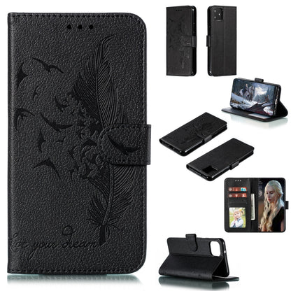 Black feather pattern flip phone wallet case with card slots