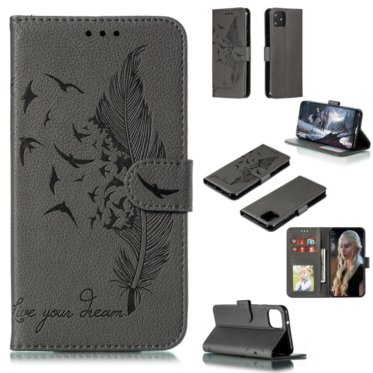 Gray feather pattern flip phone wallet case with card slots