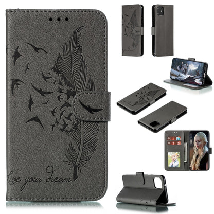 Gray feather pattern flip phone wallet case with card slots
