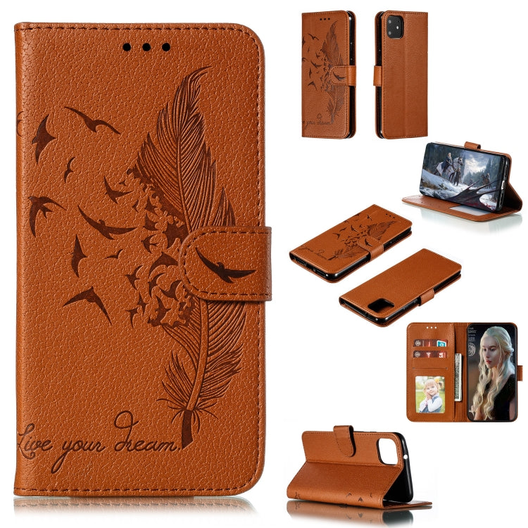 Brown feather pattern flip phone wallet case with card slots
