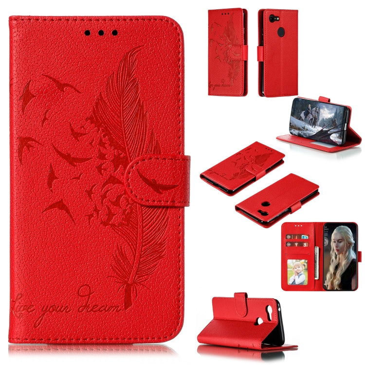 Red litchi-textured leather phone wallet case with feather pattern, flip cover, card slots