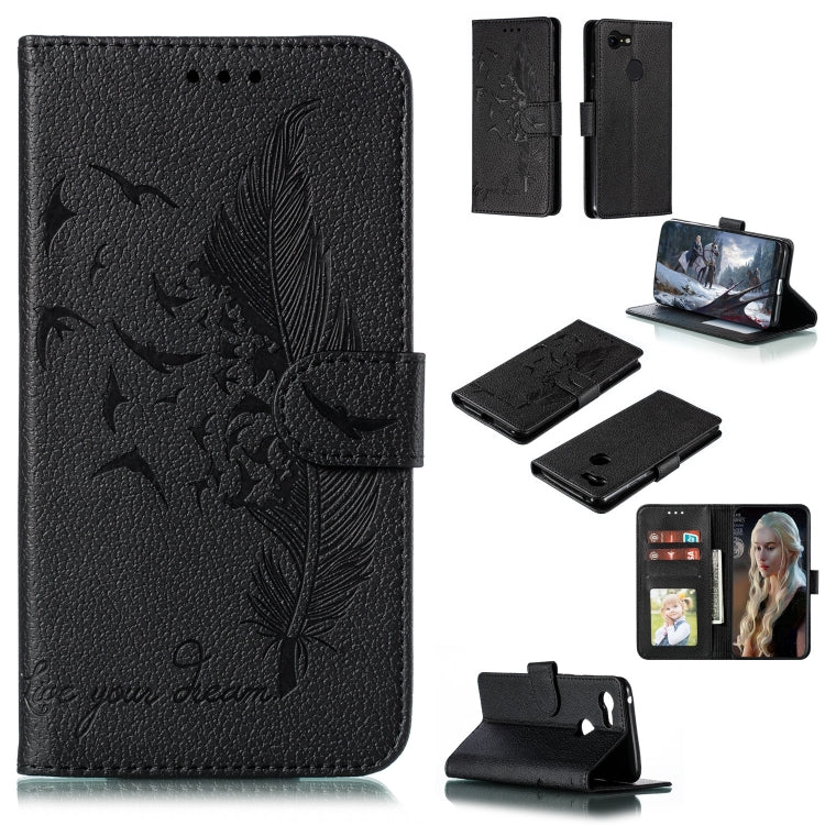 Black litchi-textured leather phone wallet case with feather pattern, flip cover, card slots