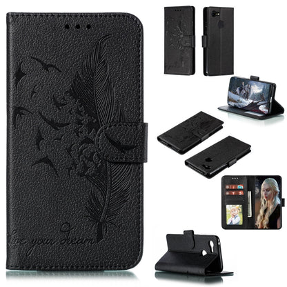 Black litchi-textured leather phone wallet case with feather pattern, flip cover, card slots