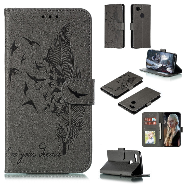 Gray litchi-textured leather phone wallet case with feather pattern, flip cover, card slots
