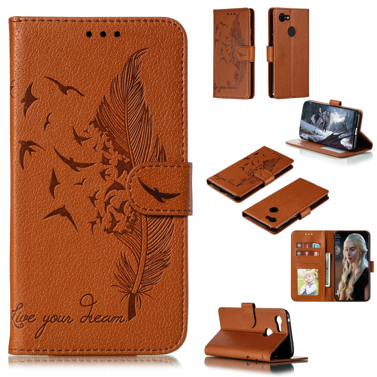 Brown litchi-textured leather phone wallet case with feather pattern, flip cover, card slots