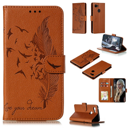Brown litchi-textured leather phone wallet case with feather pattern, flip cover, card slots