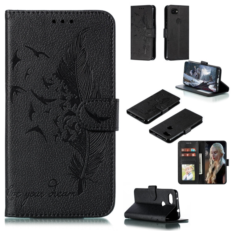 Black litchi-textured leather phone wallet case with feather pattern, flip cover, card slots