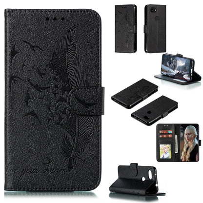Black litchi-textured leather phone wallet case with feather pattern, flip cover, card slots