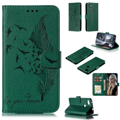 Green feather-pattern flip leather wallet case with card slots and stand