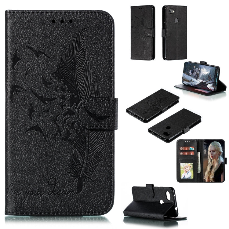 Black feather-pattern flip leather wallet case with card slots and stand