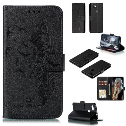 Black feather-pattern flip leather wallet case with card slots and stand