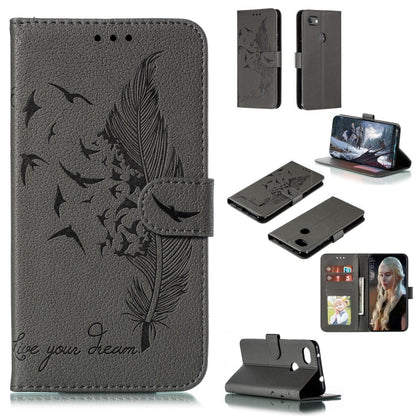 Gray feather-pattern flip leather wallet case with card slots and stand