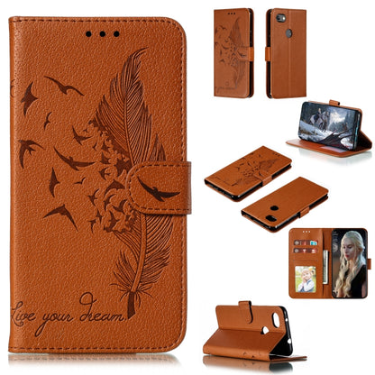 Brown feather-pattern flip leather wallet case with card slots and stand