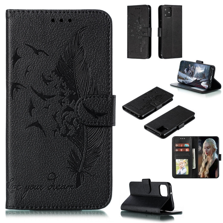 Black feather-pattern flip leather wallet case with card slots and stand