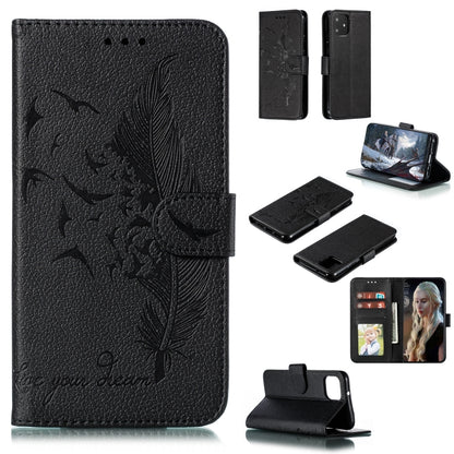 Black feather-pattern flip leather wallet case with card slots and stand
