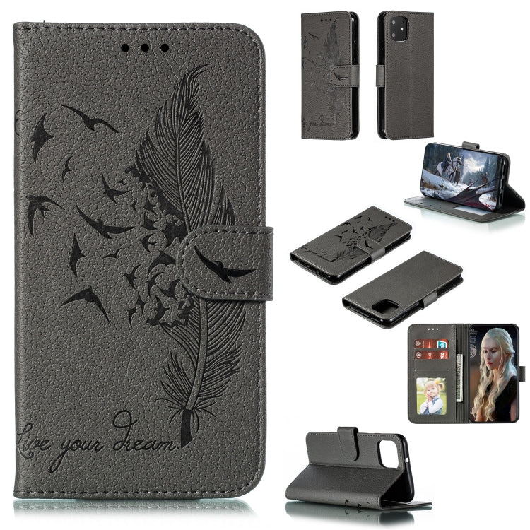Gray feather-pattern flip leather wallet case with card slots and stand
