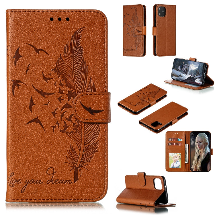 Brown feather-pattern flip leather wallet case with card slots and stand