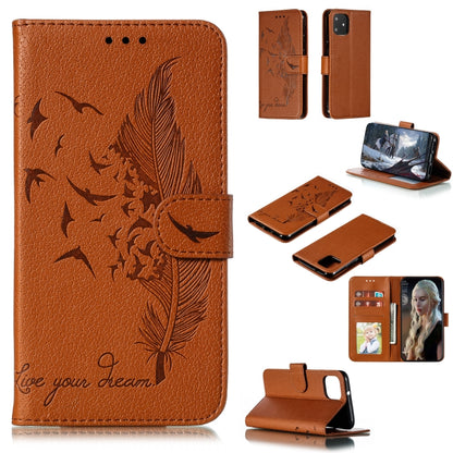 Brown feather-pattern flip leather wallet case with card slots and stand