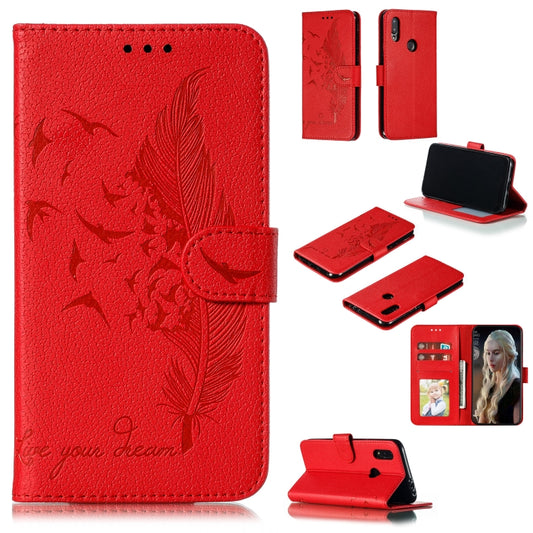 Red litchi leather flip phone case with feather pattern, card slots and wallet holder