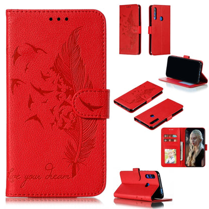 Red feather-pattern litchi leather flip case wallet with card slots and holder
