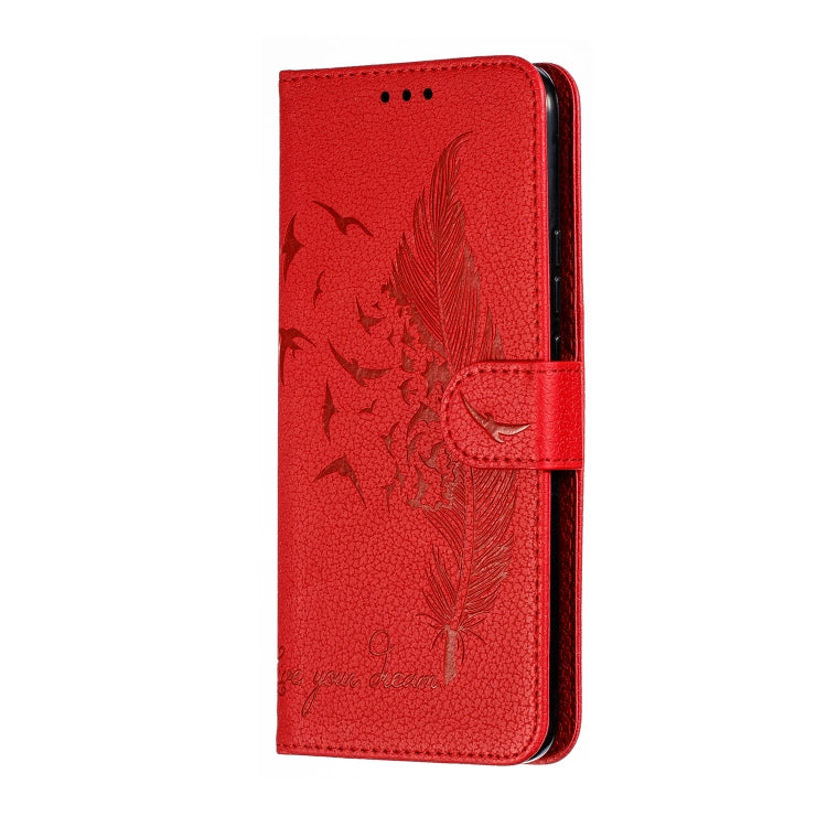 Red litchi leather phone flip wallet case with feather pattern and stitched edges