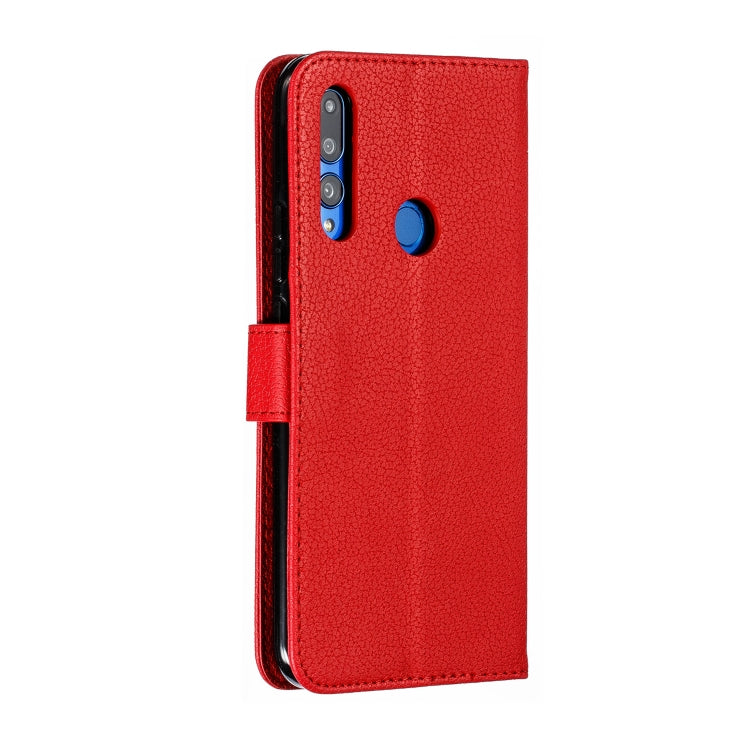 Red litchi leather flip wallet case with cutouts for camera and side buttons
