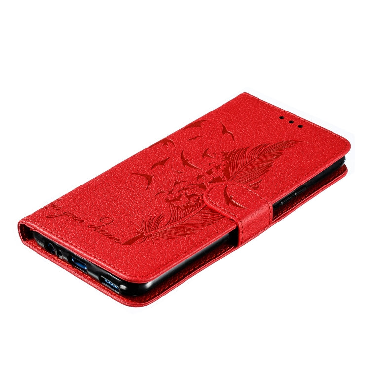 Red litchi leather flip wallet case with feather pattern and front magnetic strap