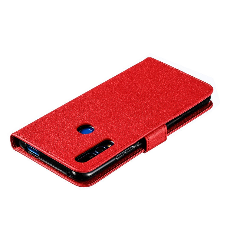 Red litchi leather flip wallet case with camera cutout and magnetic closure