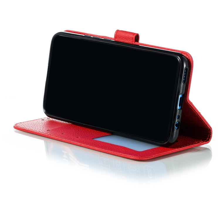 Red litchi leather flip wallet case opened for viewing with front cover